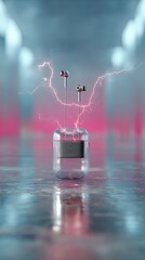 Wireless earbuds charging, futuristic case, energy effect,  abstract background, tech ad