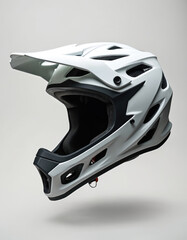 White mountain bike helmet. Protective headgear for off-road adventures. Modern design for cycling sports. Safety gear for trail, motocross, downhill. Helmet protects head from impact during fast