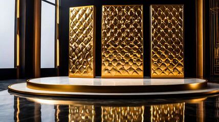 Elegant Gold Panelled Stage with Marble Platform