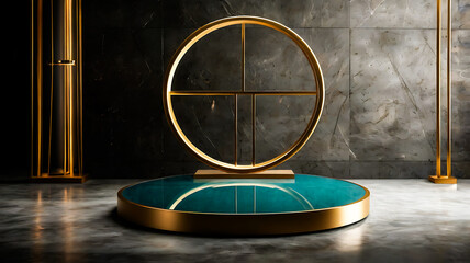 Elegant Gold and Teal Product Display Platform with Geometric Frame