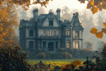A grand, eerie manor stands amidst autumnal foliage and a misty atmosphere, evoking a sense of history and mystery.