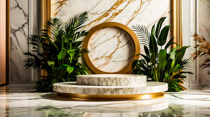 Luxury Marble Display Stand with Tropical Plants