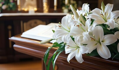 Lily motifs enhance the elegance of a funeral program. AI generated illustration.