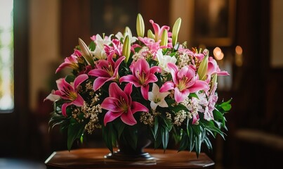 Lily motifs enhance the elegance of a funeral program. AI generated illustration.