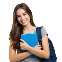 Smiling student with book and backpack on white background