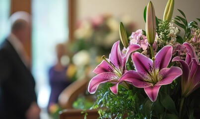 Lily motifs enhance the elegance of a funeral program. AI generated illustration.