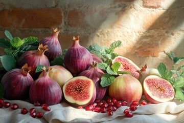 A bountiful harvest of ripe figs, pomegranates, and fresh mint, bathed in sunlight.