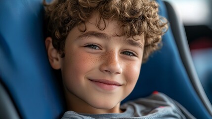 Obraz premium Smiling young boy with curly hair sits against a blue backdrop looking directly at the camera.