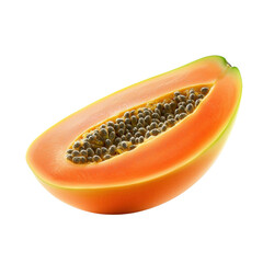 the image showcases a vibrant cut of a tropical fruit against a solid black background. the slice, appearing smooth and ripe, reveals a deep orange flesh that curves elegantly