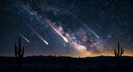 Meteor Shower in Remote Desert Night, Milky Way, Silhouetted Cacti.