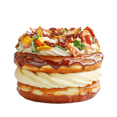 a three tiered confection is presented against a stark black background. the bottom layer consists of a ring shaped pastry filled with a generous swirl of creamy, pale colored filling