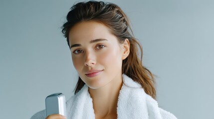 Woman holding beauty tool, studio shot, grey background, skincare routine