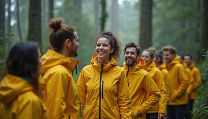 Team building event forest. Corporate colleagues participate group activities, bonding exercises wearing yellow jackets. Eco-friendly teamwork, sustainable volunteering, green environment. Joyful