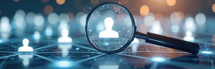Magnifying glass over digital network connections online community tech. Discovery, digital interactions, search, people connection, datum, user profile, cognition, teamwork, collaboration.