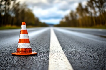 On the asphalt road to the forest, there is an orange traffic cone standing upright