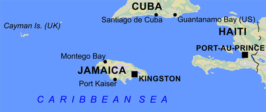 Vector geographical world map. Jamaica, 
cayman island, caribbean sea, 
cuba, haiti, guantanamo bay, santiago de cuba,
port au prince, montego bay, kingston, port kaiser.
Fragment of central america.