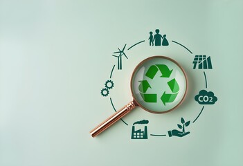 Sustainable Development and Renewable Energy Strategy &ndash; Magnifying Glass on Recycle Icon Representing Emission Reduction and Green Innovation