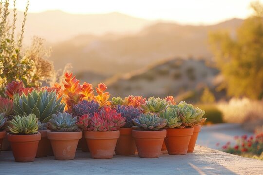 Succulents in terra cotta pots lined up on a wall, bathed in the warm glow of the setting sun.