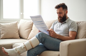 Plakat Stressed man with leg injury looks at medical bill on sofa. Broken bone fracture requires orthopedic care. Accident expenses, healthcare costs social security insurance payments.