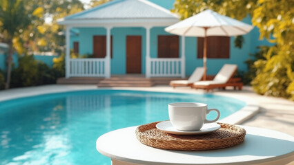 

A white ceramic cup of coffee rests on a table beside a serene swimming pool, with a charming turquoise villa and sunlit trees in the background.