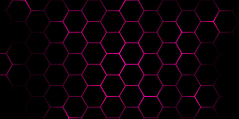 Obraz premium Abstract Futuristic Hexagon Tech Background with Glowing Purple Light. Abstract dark hexagon in purple lighting. 
