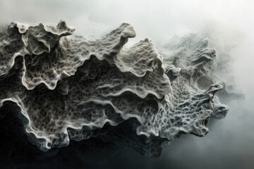 Abstract grayscale image of a textured, organic form resembling a rocky or coral reef structure, shrouded in mist.