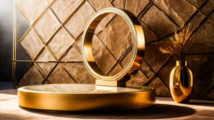 Luxury Gold Display Stand with Circle Frame and Vase