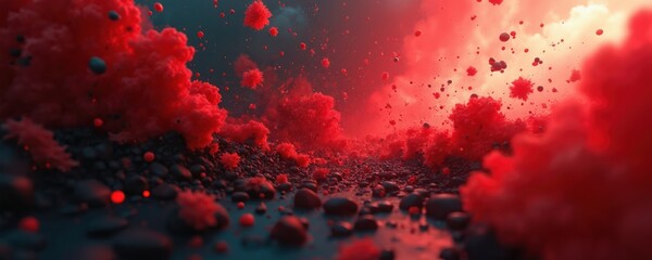 Illustration featuring red and black geometric shapes exploding in 3D space. Chaotic burst energy explosion concept. Dynamic motion with futuristic elements. Ideal for science fiction covers posters.