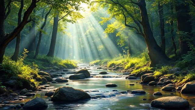 Forest stream bathed in sunlight