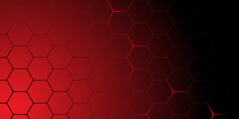 Fototapeta premium Abstract Red Hexagon Technology Background Vector. Futuristic Red Tech Grid Hex Pattern. Dark Red Honeycomb Abstract Background.