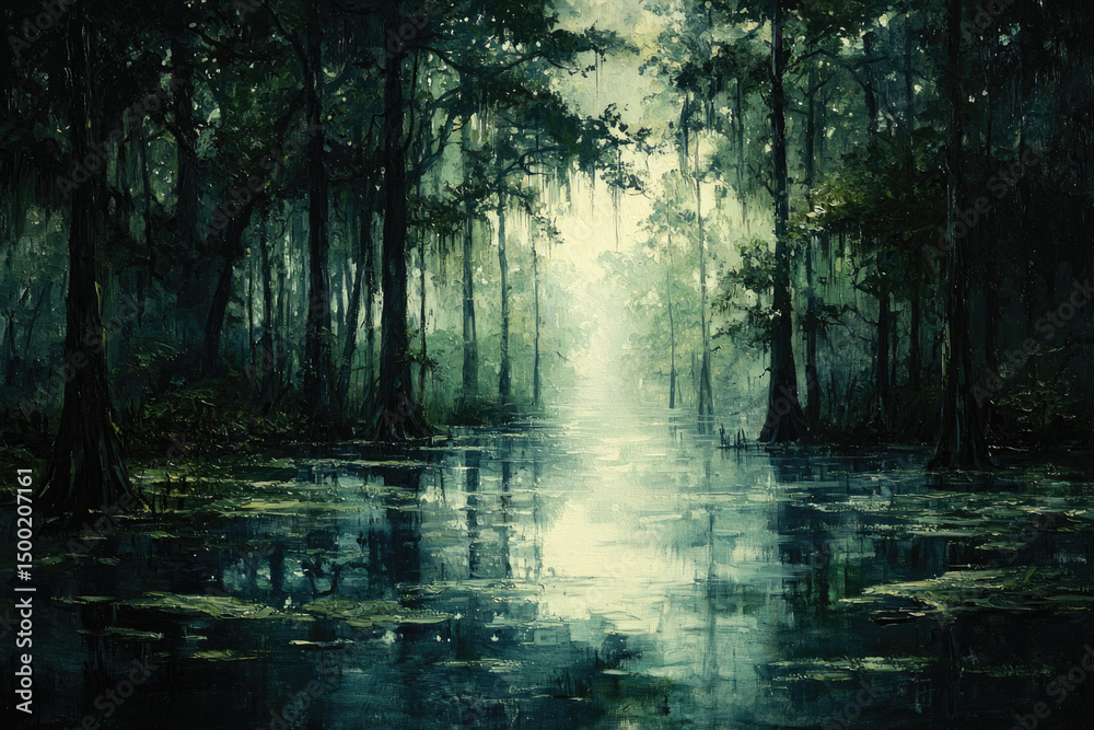Aufkleber Serene swamp landscape with misty light filtering through ancient cypress trees reflecting on still water.