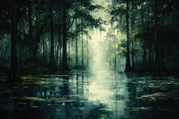 Serene swamp landscape with misty light filtering through ancient cypress trees reflecting on still water.