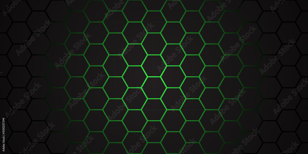 Wall mural dark hexagon abstract technology background with green colored. hexagonal gaming vector tech illustr