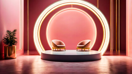 Elegant Pink Room Interior with Two Armchairs and Illuminated Arch
