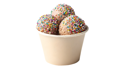 Three chocolate ice cream balls with colorful sprinkles in a paper cup