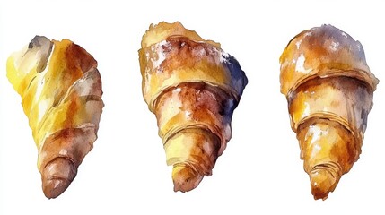 In a watercolor illustration, a variety of baked goods are arranged as a group