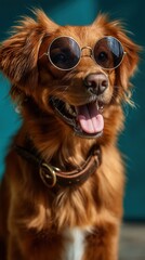 Happy golden retriever wearing sunglasses against teal background