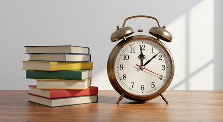 Time Management Study: A vintage alarm clock and a stack of colorful books rests on wooden desk. The scene evokes a sense of academic dedication and time management.