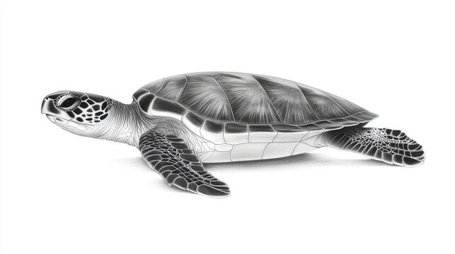 A sea turtle is shown in a detailed black and white illustration