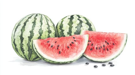 A watermelon and its slices are depicted in a hand-drawn illustration