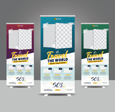 Travel business standee rollup design modern business trip signage pullup tour packages retractable x banner template