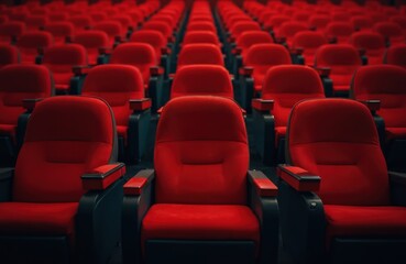 Fototapeta premium Empty cinema hall with red seats. Modern movie theatre interior design with rows of comfortable armchairs. Auditorium with empty stage prepared for show. Perfect for entertainment concepts.