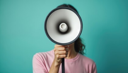 Woman holds megaphone in front of face, turquoise backdrop. Person makes announcement, voice projection. Communication concept. Activism, protest, announcement, marketing advertising.