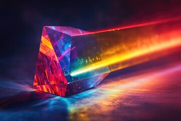 A prism splits light into a spectrum, creating a dazzling display of colors and reflections on the surface.