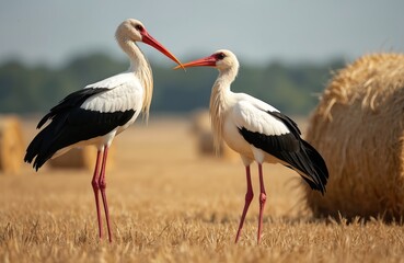 White storks on stubble field between hay bales. Harvesting season, agriculture eco farming. Birds in natural habitat, wildlife photography, outdoors, close-up shot, sunny day.