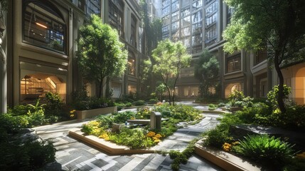 Obraz premium Lush urban courtyard, sunlight streams through buildings. Possible use Stock photo for architectural design, nature and urban living