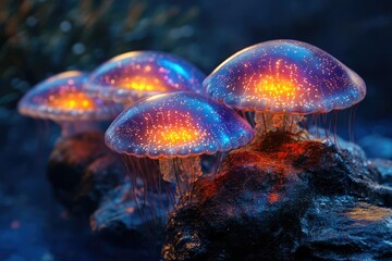 A group of glowing, bioluminescent jellyfish rests on a dark, textured rock formation in a mysterious underwater environment.