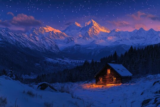 A cozy cabin glows in a snowy landscape against a backdrop of majestic, snow-capped mountains and a starry night sky.