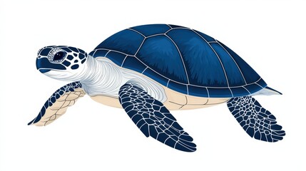 Stylized illustration of a blue sea turtle swimming with detailed shell and flippers on a white background.