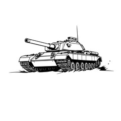 Obraz premium Military Tank Illustration: A powerful monochrome line art depicts a tank moving forward, showcasing its imposing structure and military might.